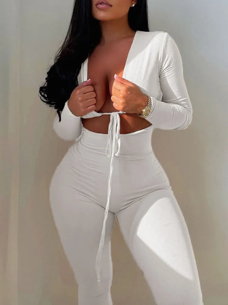 Solid Jumpsuit Drawstring Cleavage Waist Out One Piece