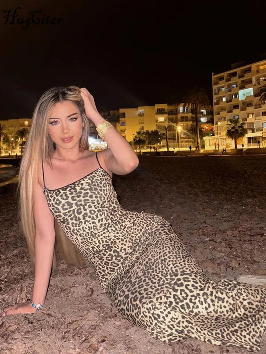 Fashion Leopard Print Slips Backless Sexy Bodycon Maxi Dress