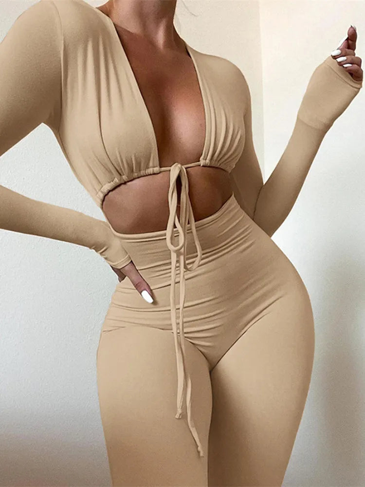 Solid Jumpsuit Drawstring Cleavage Waist Out One Piece
