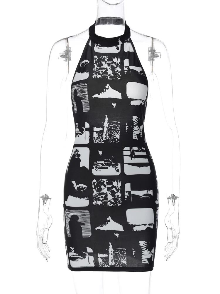 Vintage Print Halter Sleeveless Backless Sexy Slim Bodycon Mini Dress