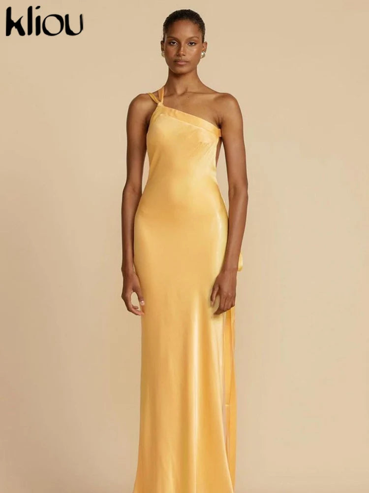 Silk Elegant Maxi Dress Women Stunning Incline Shoulder