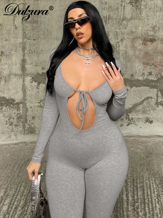 Solid Pure Hole Hollow Out Straps Lace-Up Jumpsuit Long Sleeves 2023 Summer Autumn For Women Sexy Streetwear Wholesale