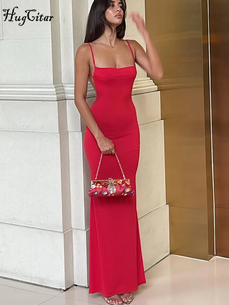 Spring Solid Sleeveless Backless Elegant Sexy Bodycon