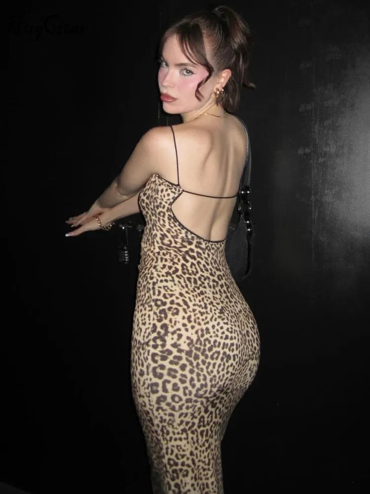 Fashion Leopard Print Slips Backless Sexy Bodycon Maxi Dress