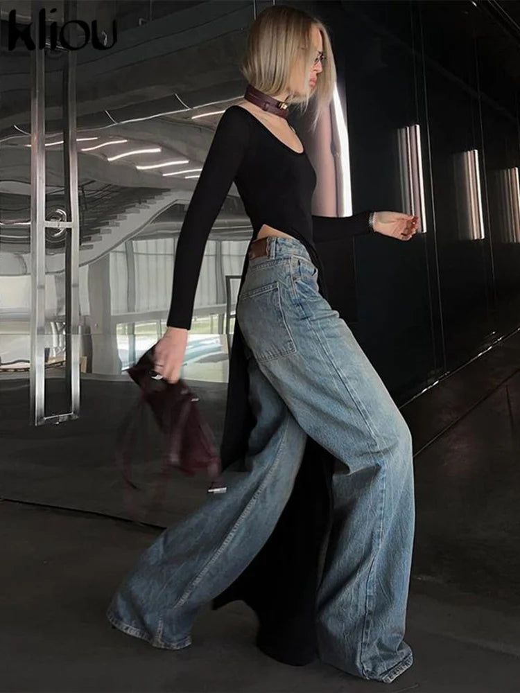 Solid Unique Women Tops Classic Full Sleeve U-neck Skinny Splited