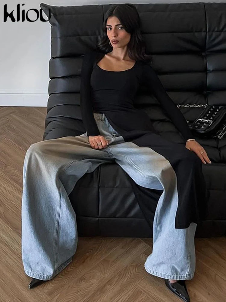 Solid Unique Women Tops Classic Full Sleeve U-neck Skinny Splited