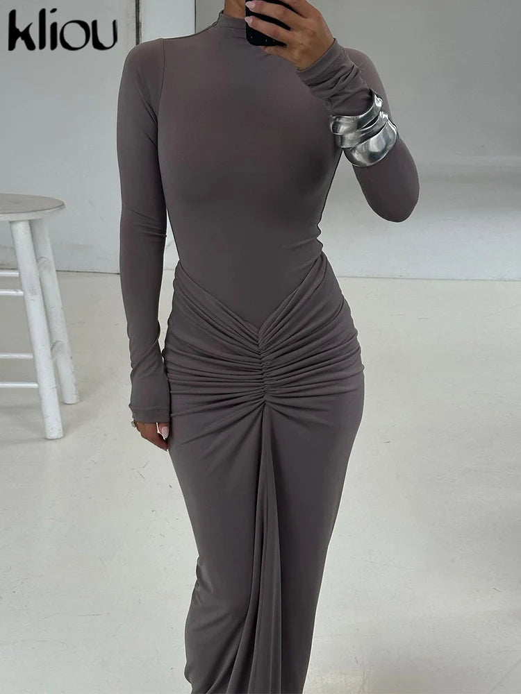 Shirring Women Classic Maxi Dress Long Sleeve