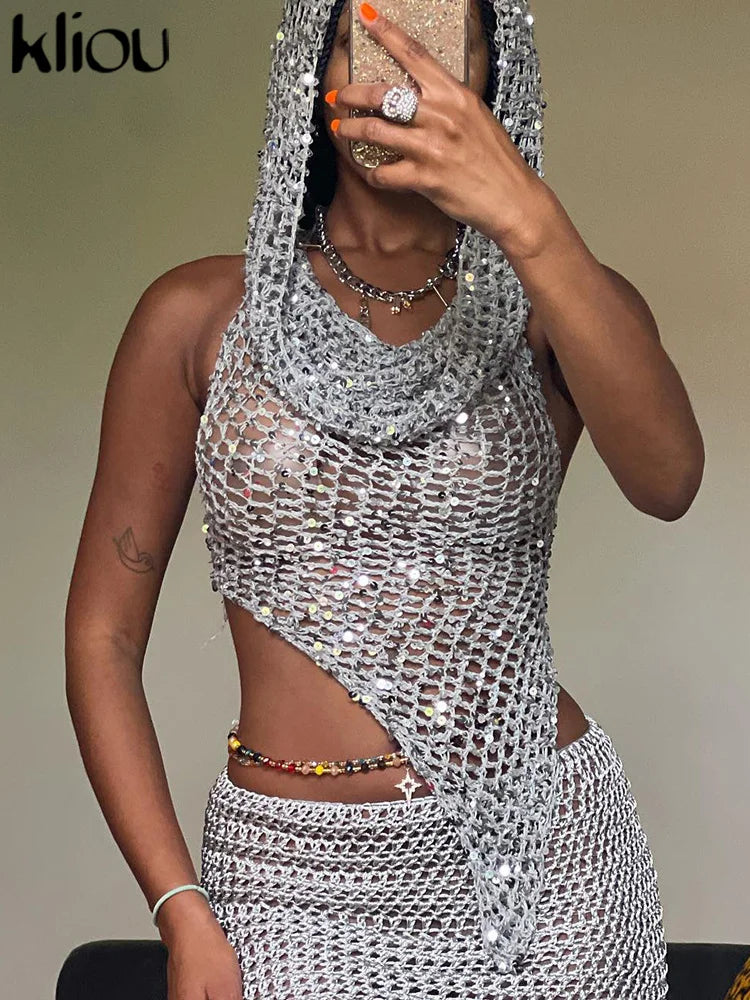 Woven Hooded Solid Two Piece Set Bronzing Sleeveless Asymmetrical Bandage Backless Tops+Matching Hip Skirts