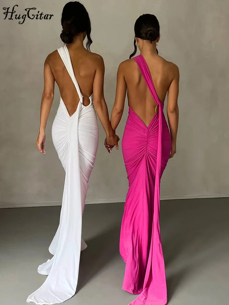One Shoulder Backless Adjustable Scarf Loop Ruched Sexy Maxi