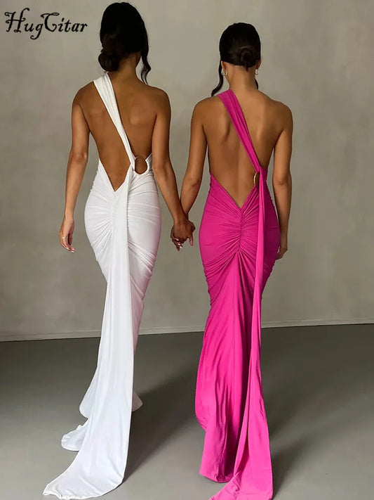 One Shoulder Backless Adjustable Scarf Loop Ruched Sexy Maxi