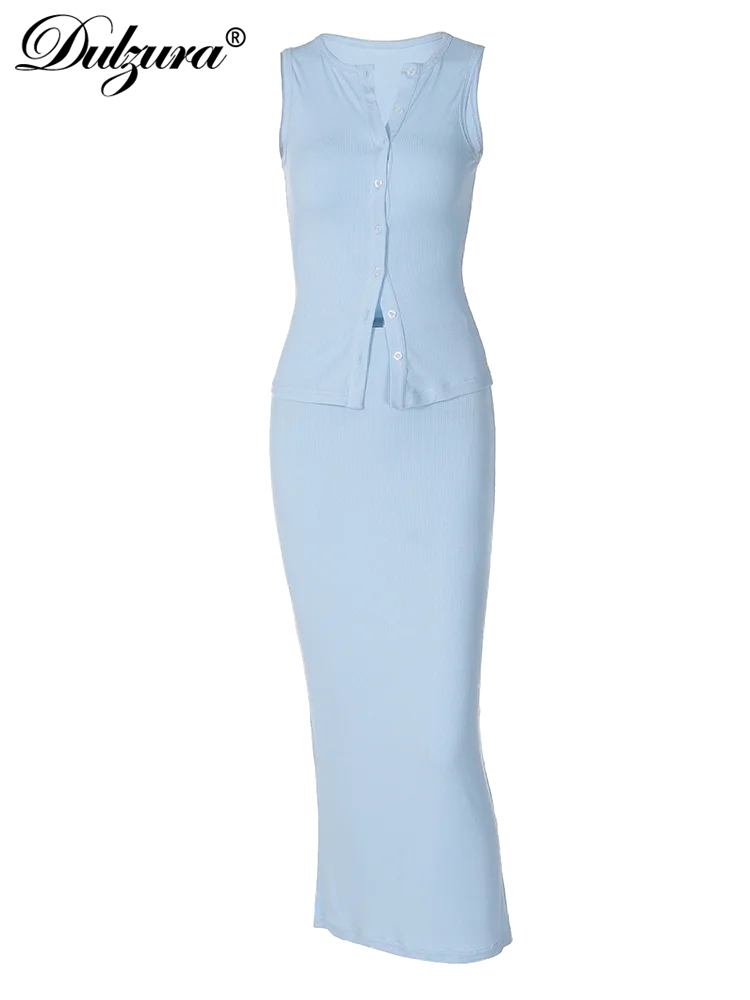 Matching Suit Sleeveless Ribbed Single-Breasted Top Shirt Maxi Skirt 2024 Spring Summer Women'S Clothing Sexy Streetwear