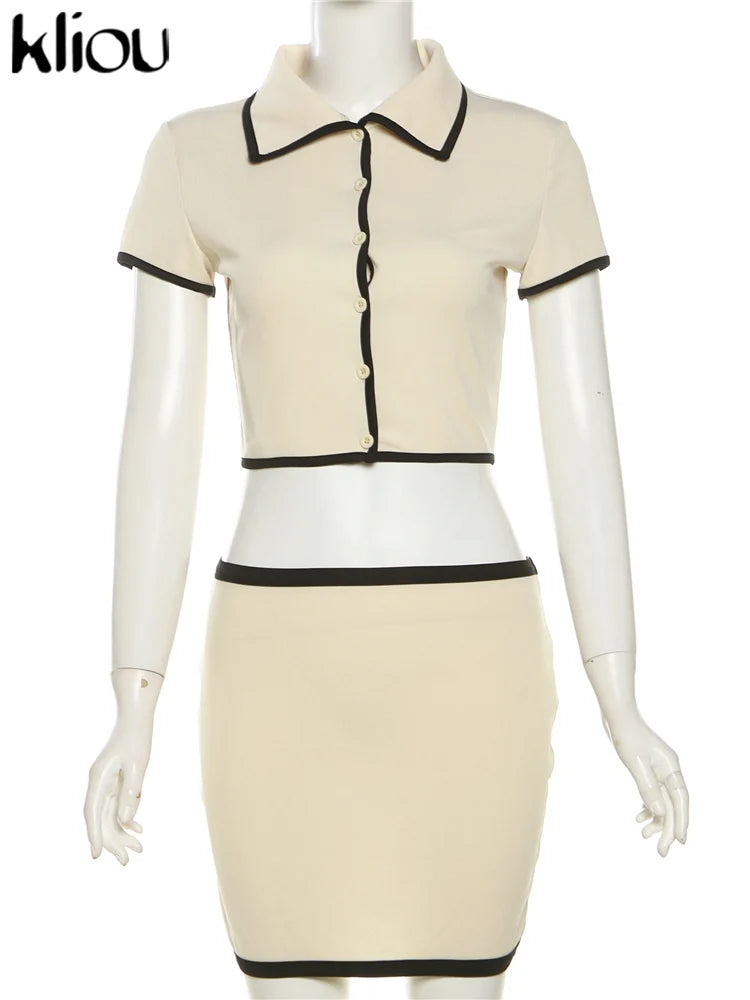 Casual Office 2 Piece Set Women Concise Single Breasted Lapel Striped Panelled Tops+Slim Skirts