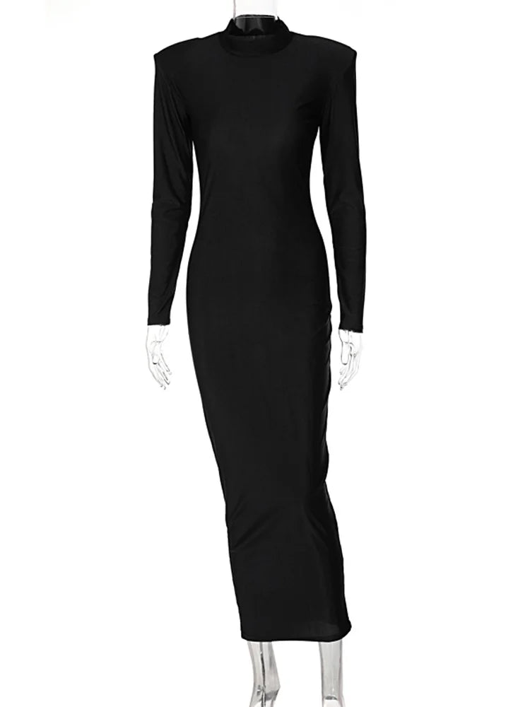 Solid Long Sleeve With Shoulder Pads Turtleneck Maxi Dress