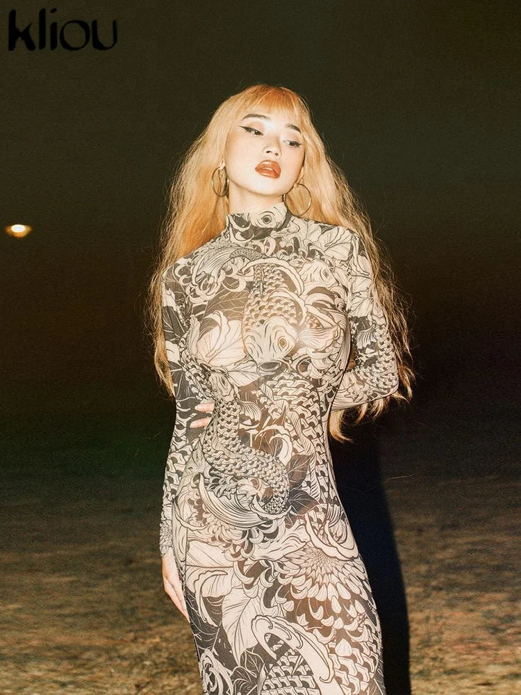 Mesh Vintage Print Maxi Dress