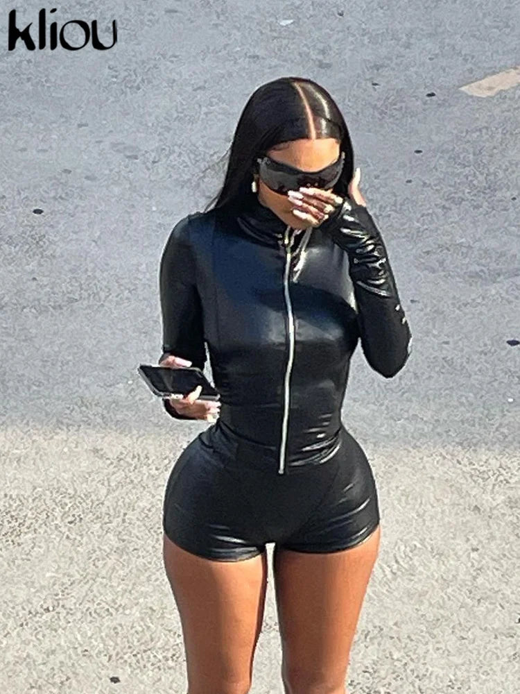 Autumn Women Mini Moto Ice Silk Two Piece Set