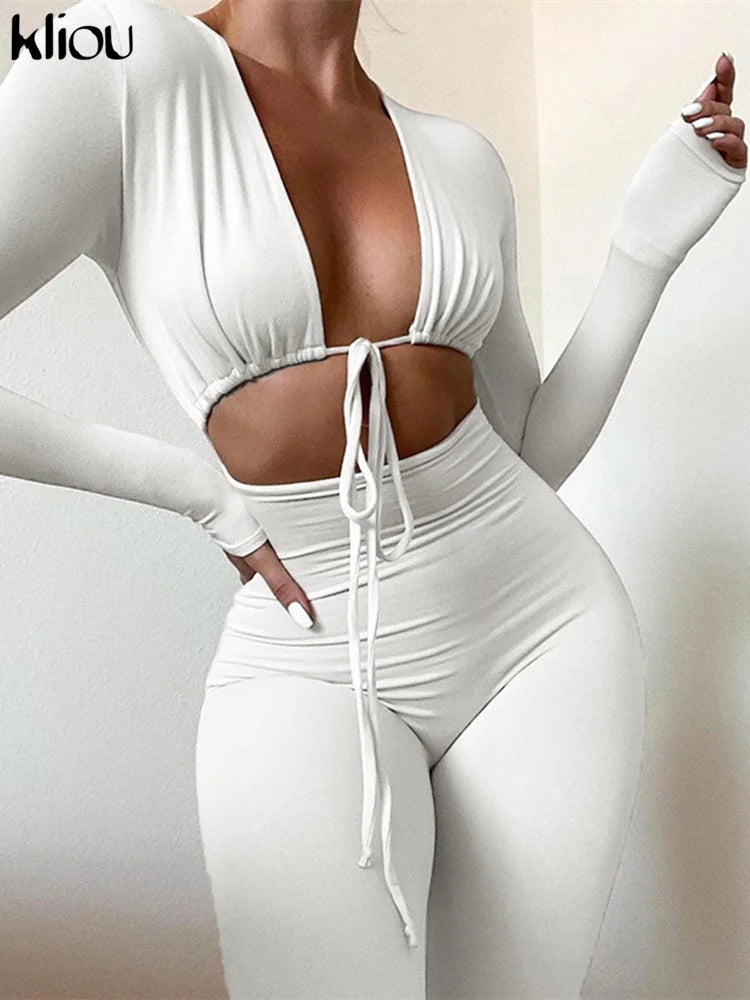 Solid Jumpsuit Drawstring Cleavage Waist Out One Piece