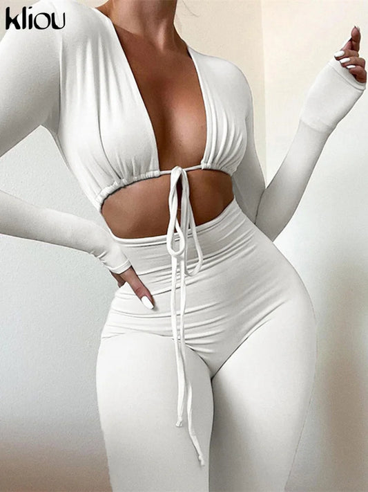 Solid Jumpsuit Drawstring Cleavage Waist Out One Piece