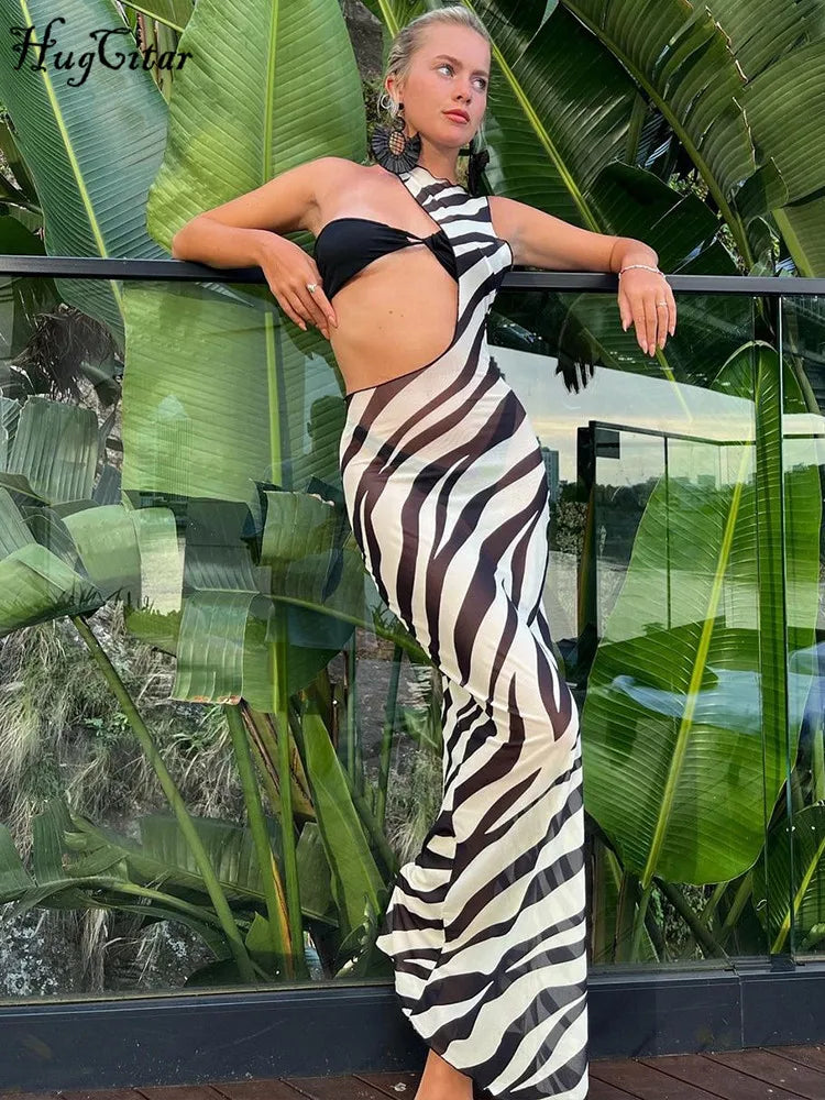 Mesh Sleeveless Striped Print Matching Color Hollow Out Sexy Maxi Dress