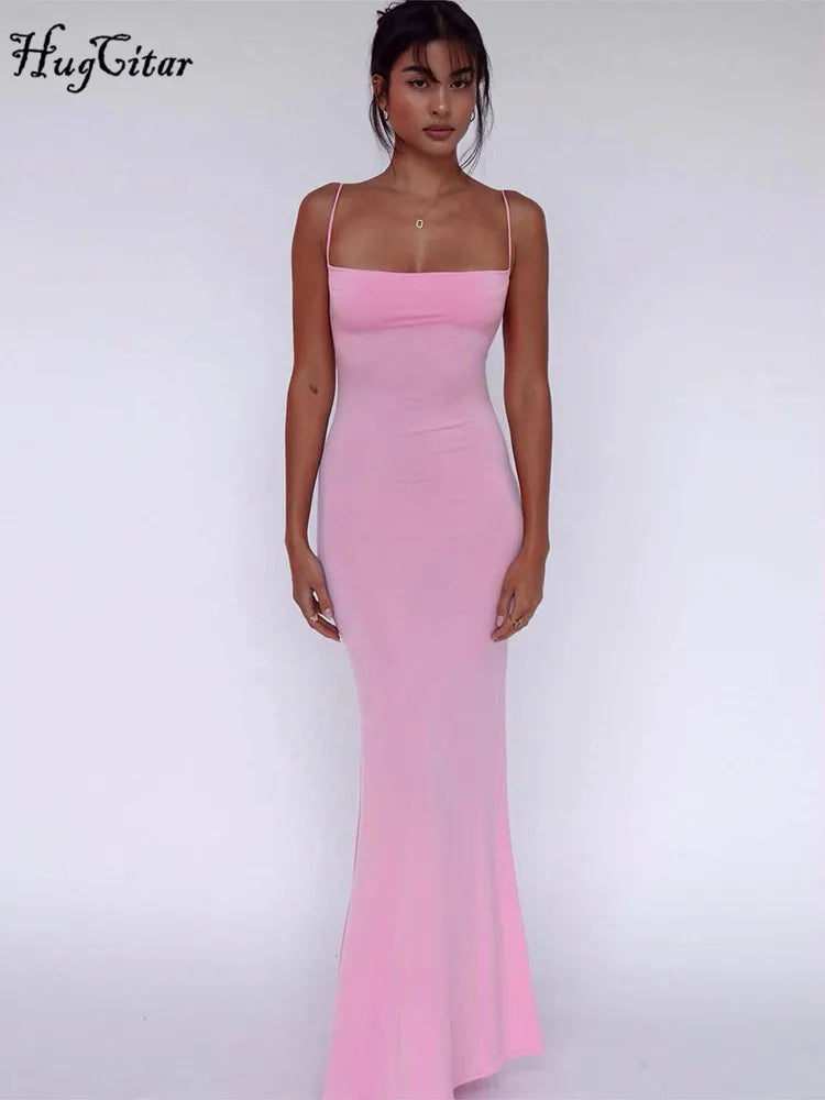 Spring Solid Sleeveless Backless Elegant Sexy Bodycon