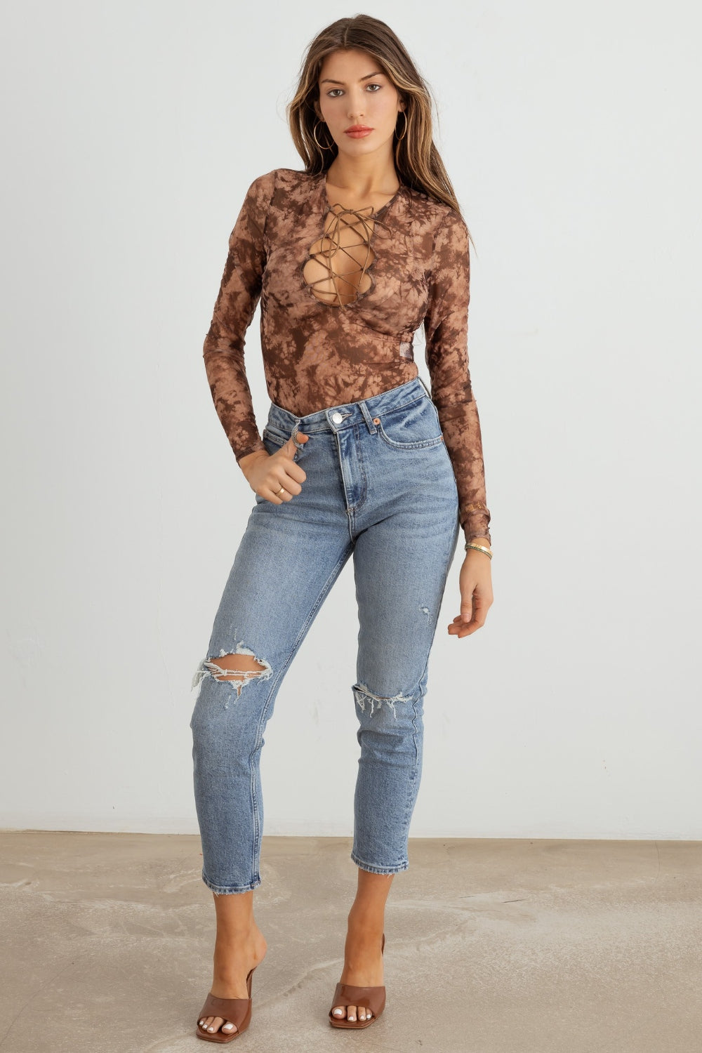 COLLECTION Abstract Mesh Lace-Up Long Sleeve Bodysuit
