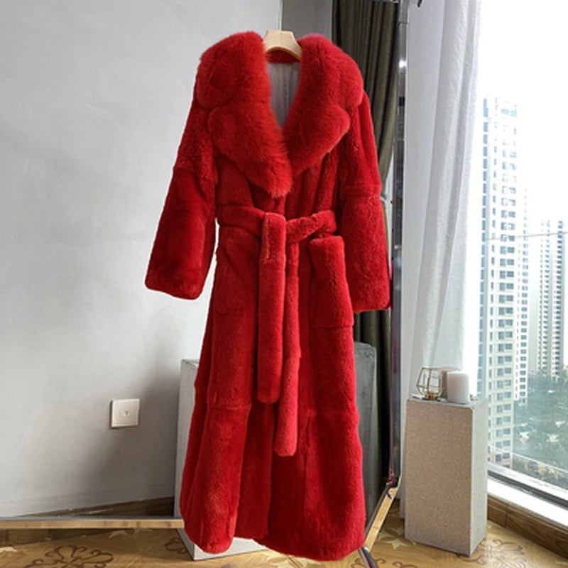 Fashion Elegant Soft Faux Fur Coat Long Warm Overcoat Winter Women V Lapel Greatcoat Belt Pockets Loose Parka 9 Colors