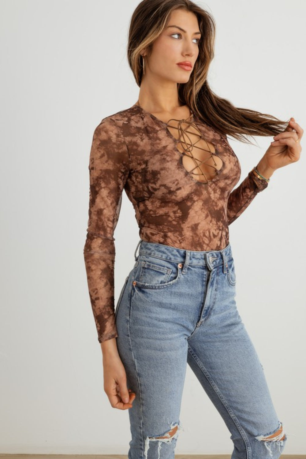 COLLECTION Abstract Mesh Lace-Up Long Sleeve Bodysuit