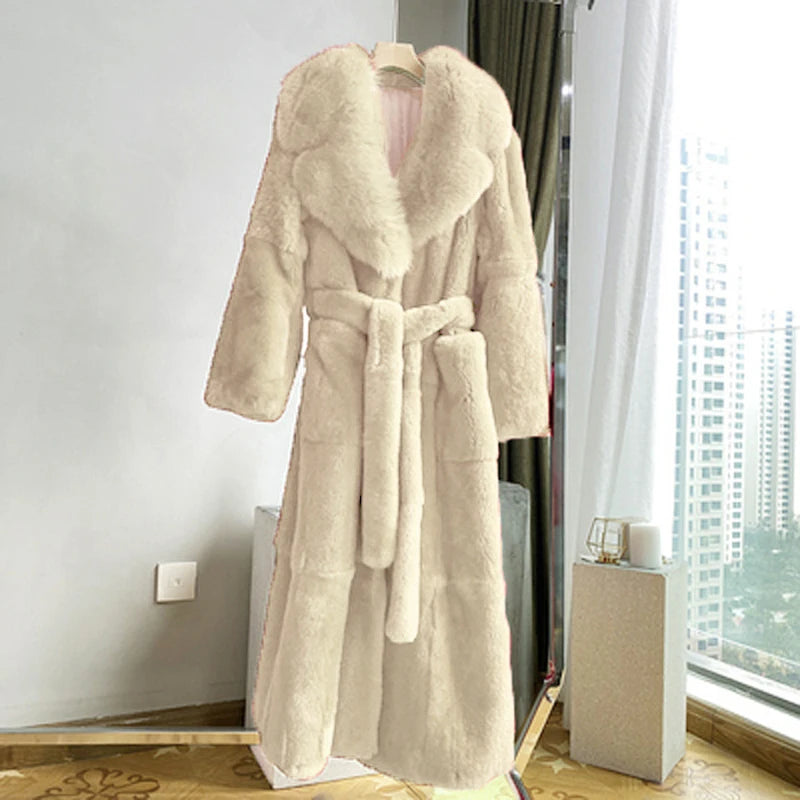Fashion Elegant Soft Faux Fur Coat Long Warm Overcoat Winter Women V Lapel Greatcoat Belt Pockets Loose Parka 9 Colors