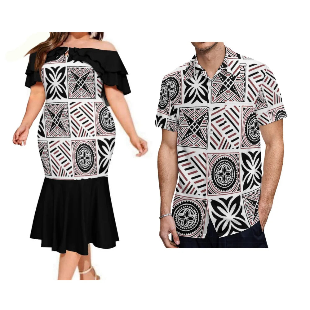 Summer Samoan Couple Suit Women'S Short-Sleeved Dress Party Fashion Fishtail Skirt And Men'S Shirt Polynesian Island Clothing