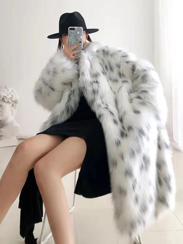 ZADORIN New Winter Korean Fashion Fluffy Warm Faux Fur Jacket Women Lapel Long Elegant White Leopard Faux Mink Fur Coat Jackets