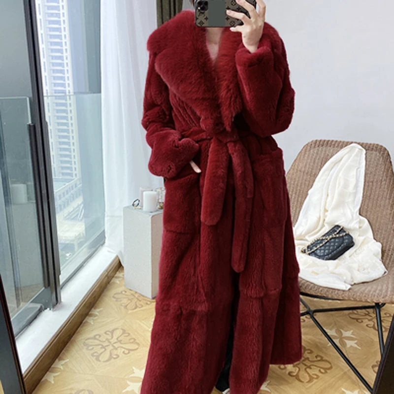 Fashion Elegant Soft Faux Fur Coat Long Warm Overcoat Winter Women V Lapel Greatcoat Belt Pockets Loose Parka 9 Colors