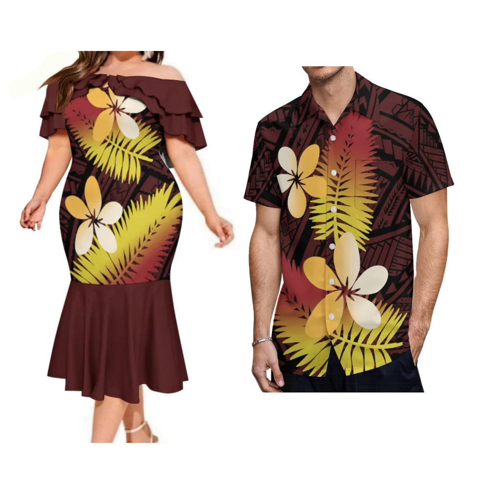Summer Samoan Couple Suit Women'S Short-Sleeved Dress Party Fashion Fishtail Skirt And Men'S Shirt Polynesian Island Clothing