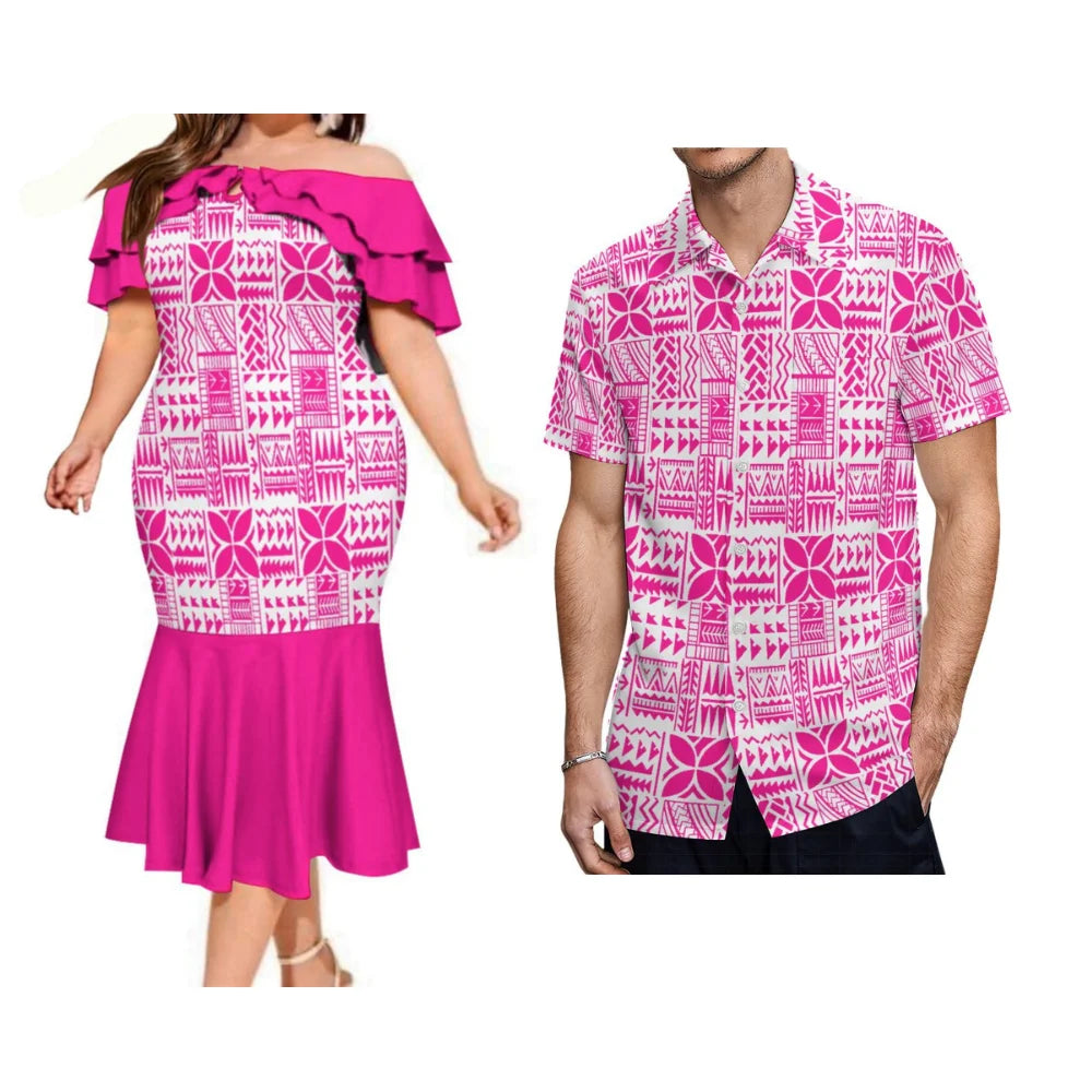 Summer Samoan Couple Suit Women'S Short-Sleeved Dress Party Fashion Fishtail Skirt And Men'S Shirt Polynesian Island Clothing