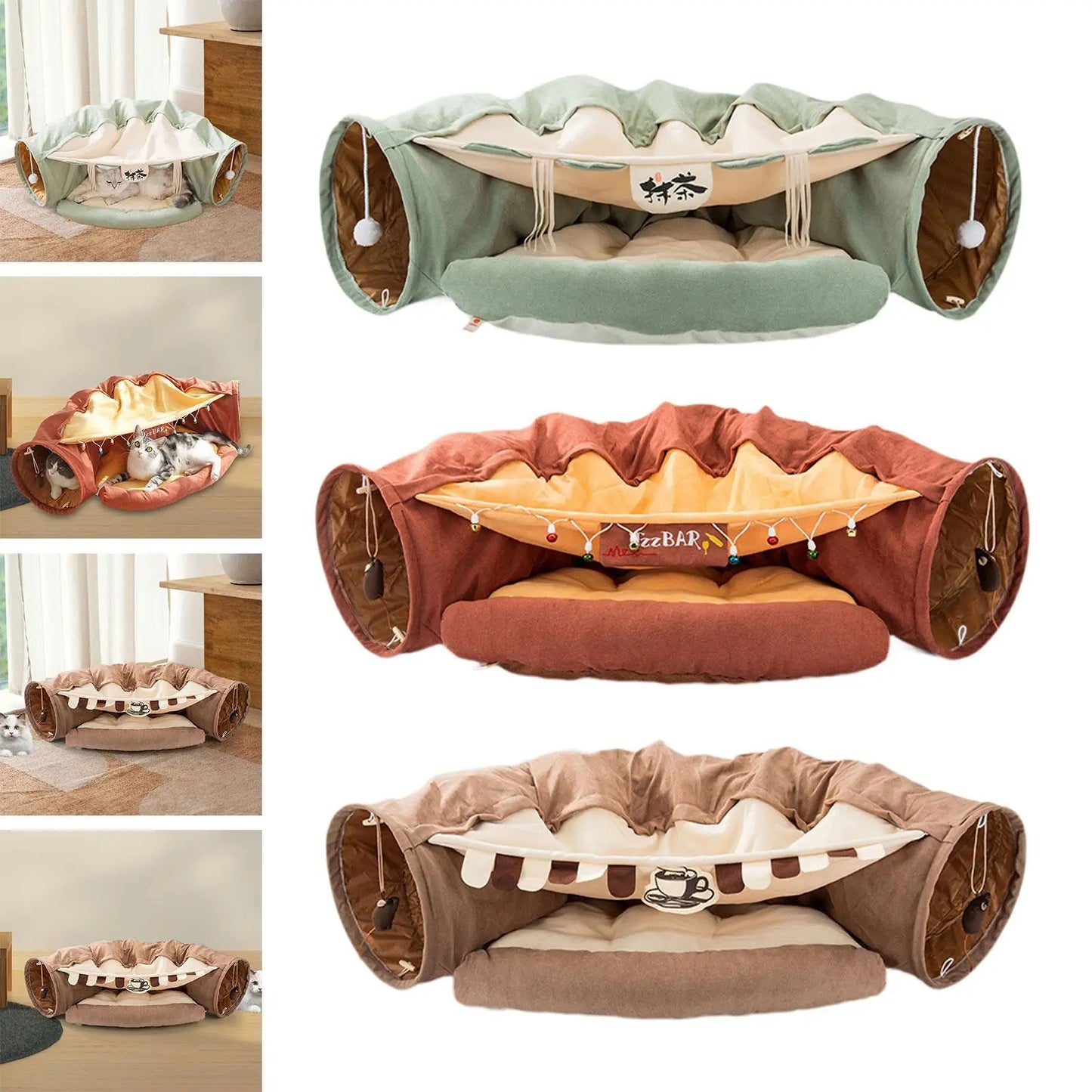 Foldable Cat Tunnel Bed with Removable Mat Kitty Training Interactive Cat Activity Center for Cats Pets Outdoor Ferrets